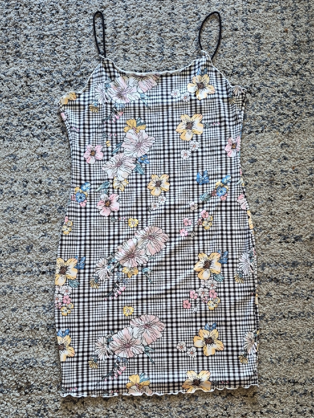 SHEIN Black & White Plaid Slip Dress with Pastel Floral Print